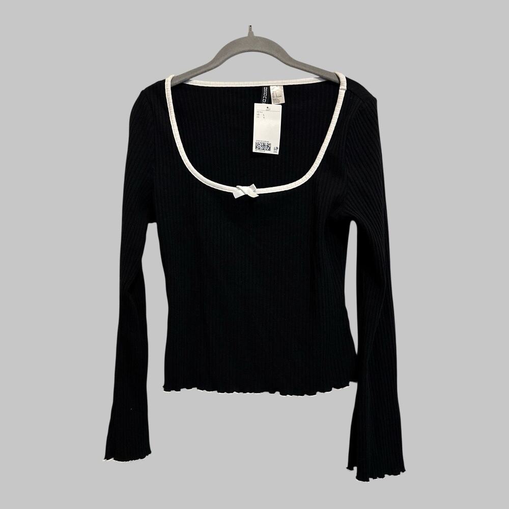Divided Y2K Womens Ribbed Long Sleeve Lettuce Trim Fitted Top Coquette Size L